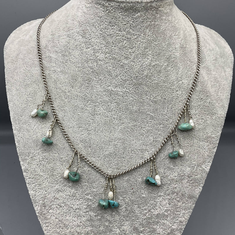 Silver, seed pearl and turquoise necklace