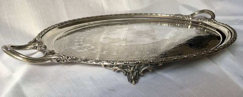 Early Victorian twin handled, silver plated and crested oval serving tray. Thomas Wilkinson, circa 1840 - 1860.
