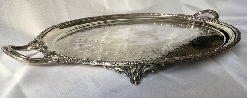 Early Victorian twin handled, silver plated and crested oval serving Thomas Wilkinson, circa 1840
