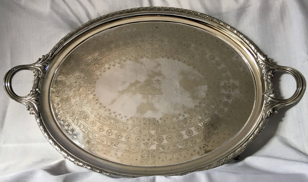 Early Victorian twin handled, silver plated and crested oval serving t