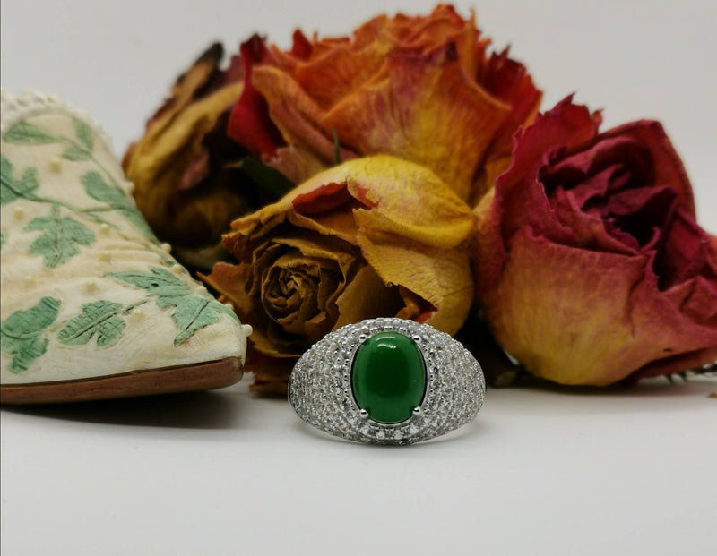 New Natural Green Jade and Zircon Sterling Silver Statement Ring - Size N/O