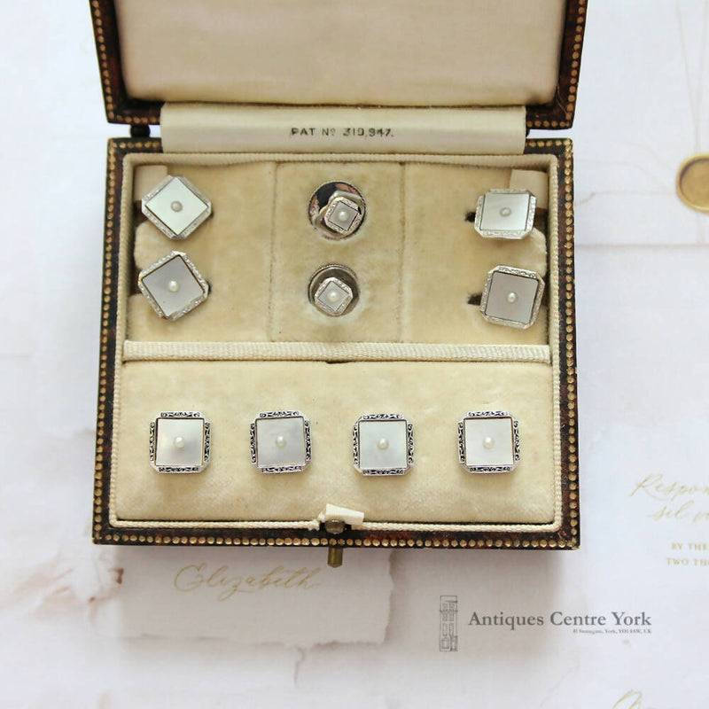 Edwardian 9ct White Gold Mother of Pearl Cufflinks & Button Set