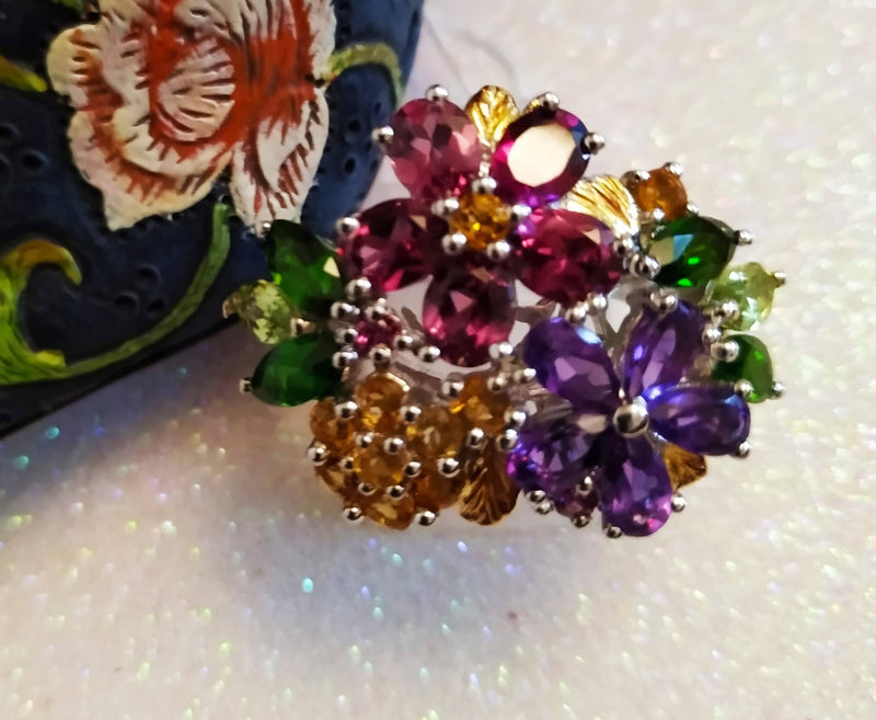 New Multi Gem Stone Floral Ring Size N/O