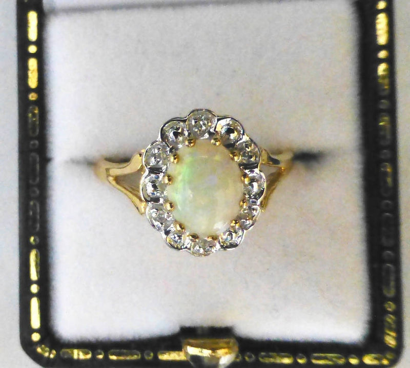 9ct Yellow Gold Opalite and Diamond Ring - Size M