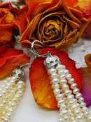 New Silver Freshwater Pearl Filigree Tassel Long Chandelier Statement Earrings