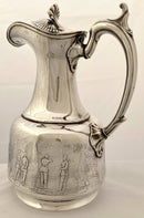 Late Victorian Silver Plated Hot Water Jug Engraved with Scenes of Soldiers.