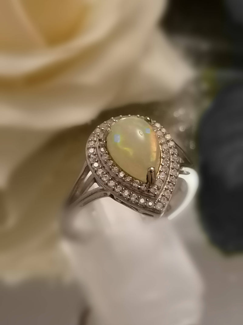 New Ethiopian opal & Cambodian Zircon Sterling Silver Ring - Size P