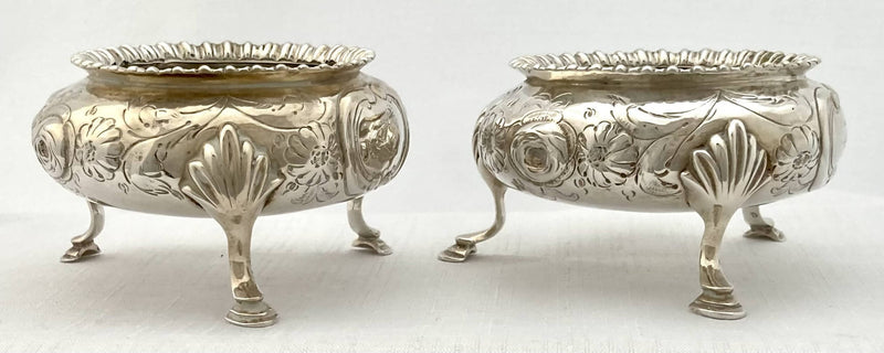 Victorian Pair of Large Crested Silver Salts. London 1856 Henry Holland. 6 troy ounces.