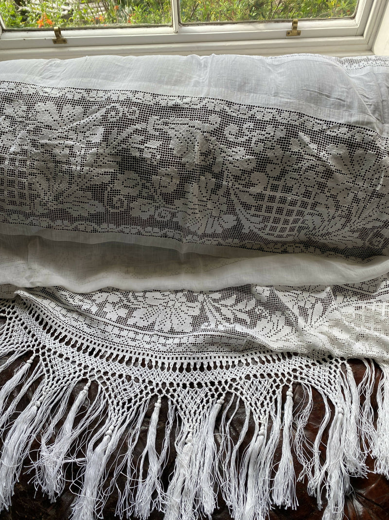 A beautiful Antique French Handmade Chateau filet lace & Muslin patchwork Lace Panel 59”/80”