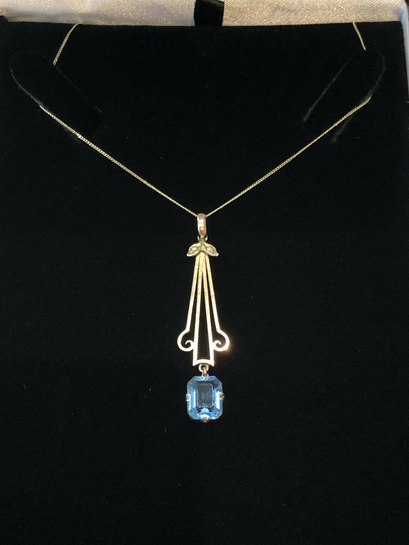 Art Deco Hallmarked 9ct Yellow Gold Blue Topaz & Seed Pearl Drop Pendant