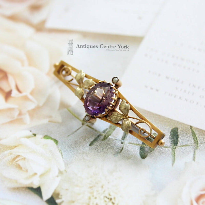 Victorian 15ct Two Colour Gold Amethyst & Pearl Brooch