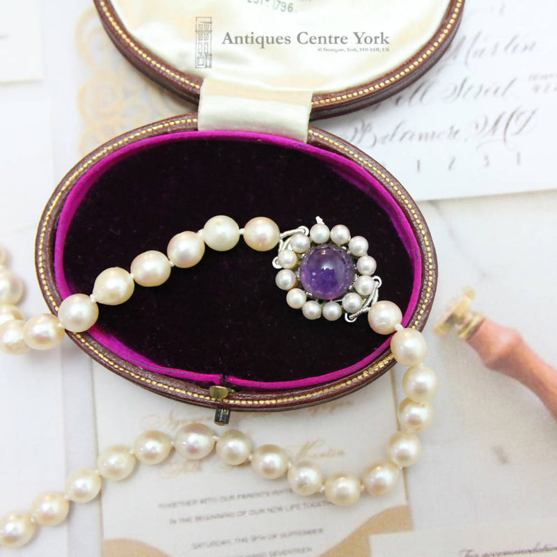 Vintage 21" Cultured Pearls Silver Amethyst & Pearl Clasp