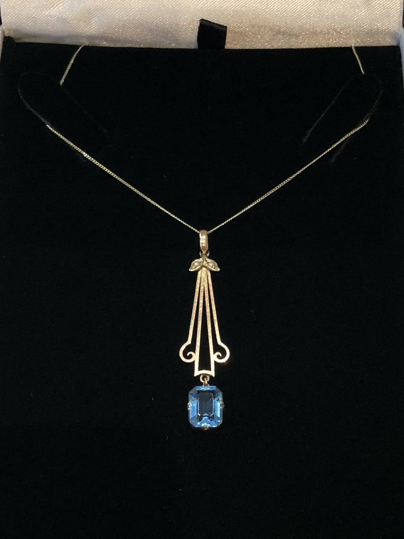 Art Deco Hallmarked 9ct Yellow Gold Blue Topaz & Seed Pearl Drop Pendant