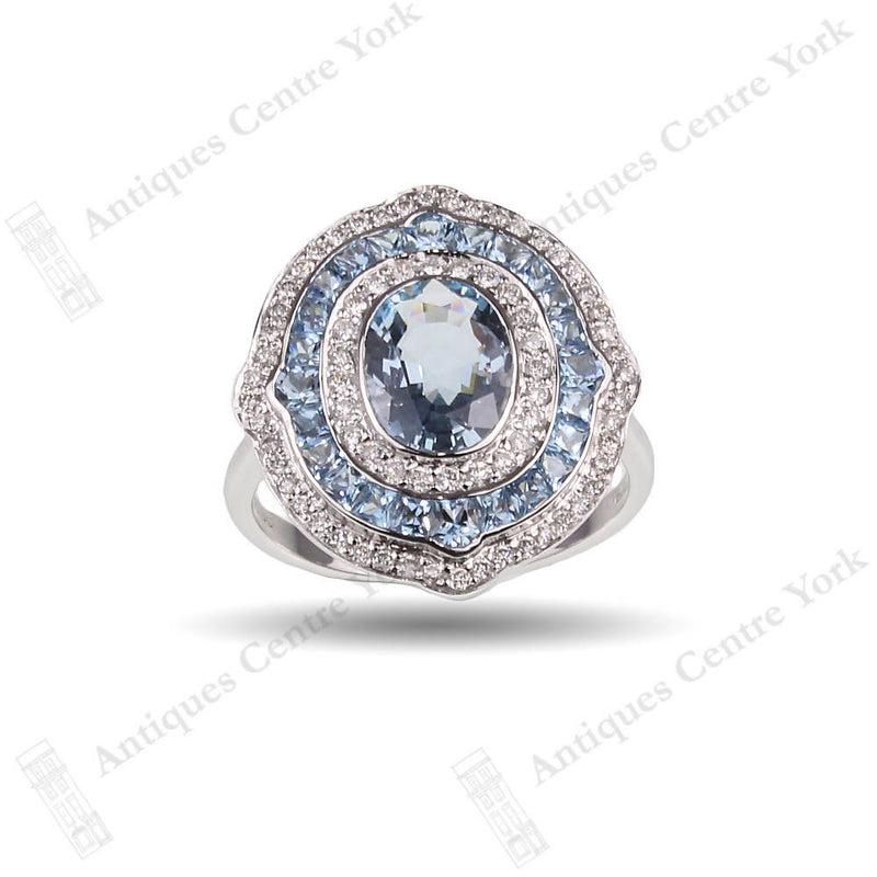 18ct White Gold Aquamarine & Diamond Oval Cluster Ring