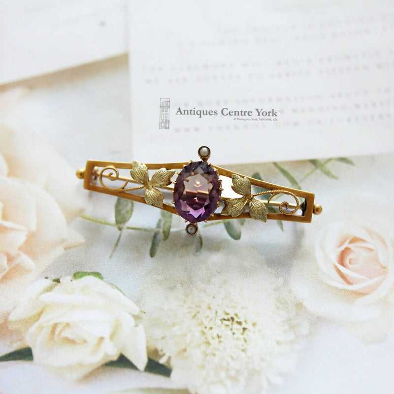 Victorian 15ct Two Colour Gold Amethyst & Pearl Brooch