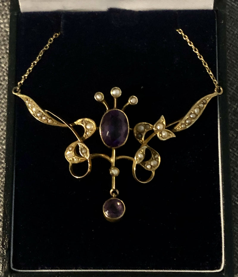 Art Nouveau c1900 9ct Yellow Gold Amethyst & Seed Pearl Drop Necklace