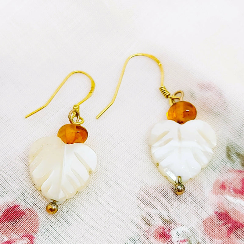 Gold on Silver Drop Earrings with Amber & Mother of Pearl