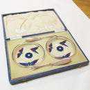 Art Deco Pair of Enameled Stuart Glass Butter Dishes With Silver Knifes