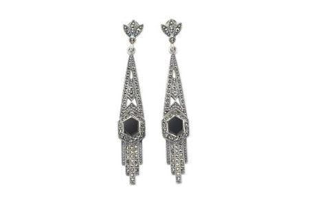 Silver Marcasite Black Art Deco Earrings