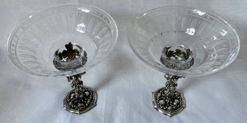 Early Victorian Pair of Silver Plated Pedestal Comport Stands with Etched Glass Dishes. Elkington & Co. 1847