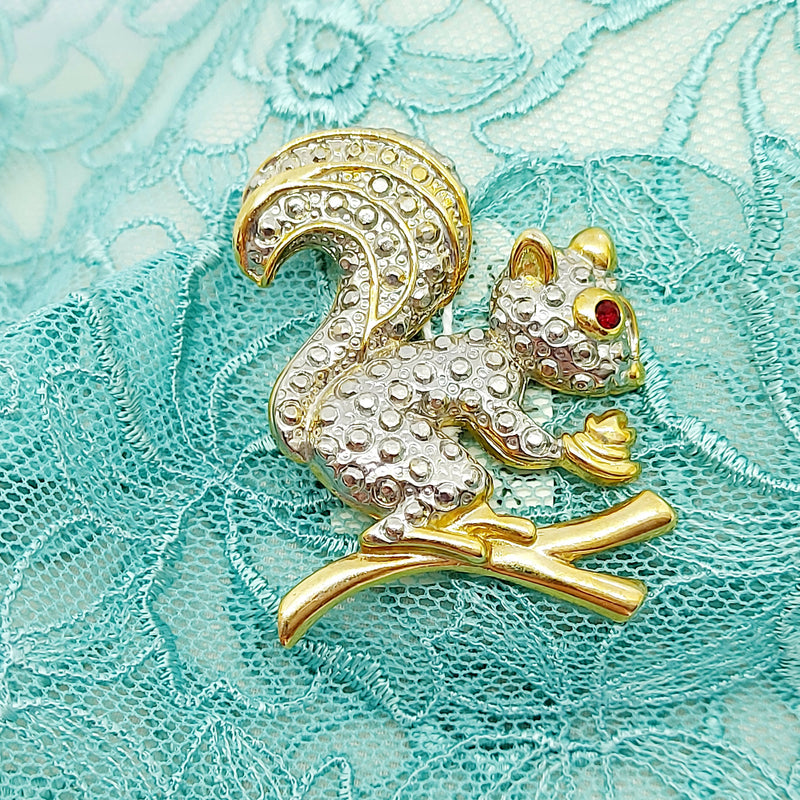 Cute Gold & Silver Tone Squirrel Brooch