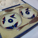 Art Deco Pair of Enameled Stuart Glass Butter Dishes With Silver Knifes