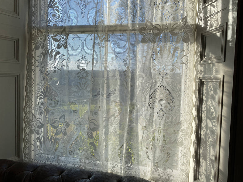 Art Nouveau design Cotton ivory lace curtain readymade to 60”/63” -long