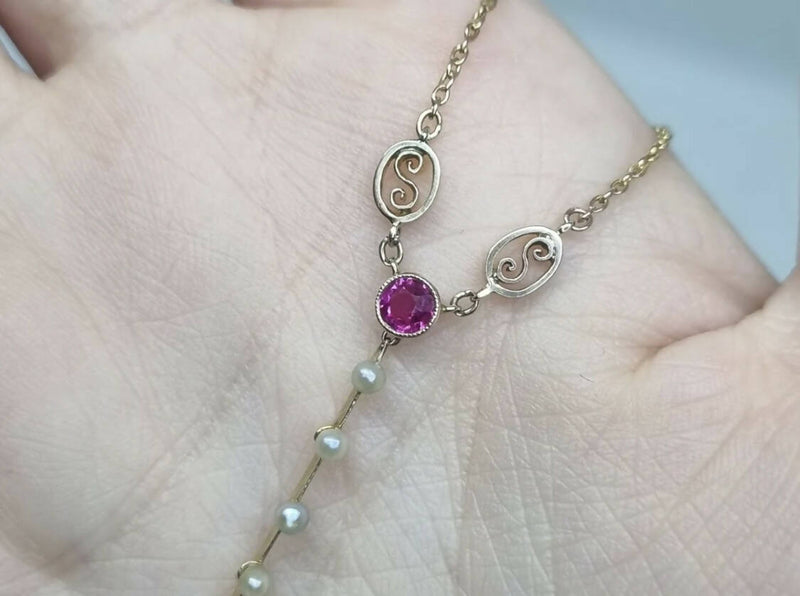 Murrle Bennett & Co 9ct Yellow Gold Art Nouveau c1910 Pink Sapphire, Ruby & Pearl Drop Necklace