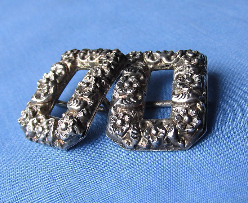 Pair Silver/White Metal Buckles Ornate Floral Decoration