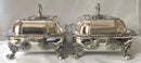 Late Georgian pair of Old Sheffield Plated, crested, entree dishes and covers on warming stands. Circa 1820.