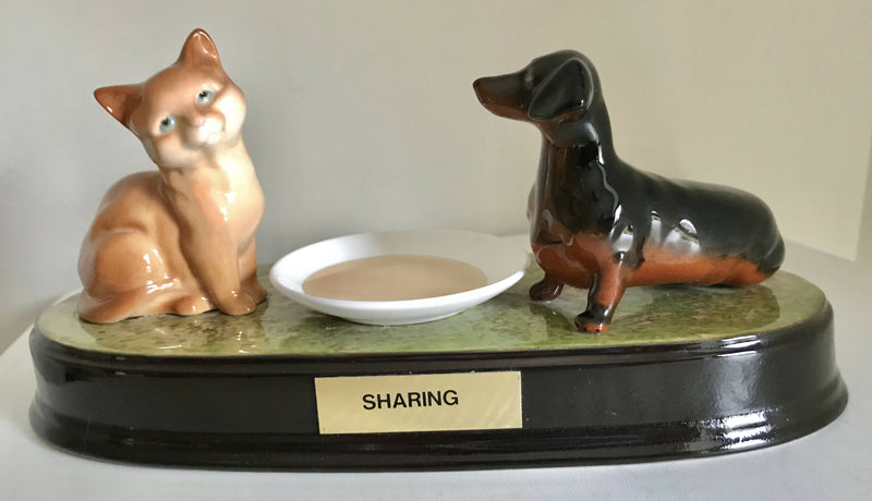 Beswick Sharing Ginger Kitten and Dachshund dog on ceramic base.