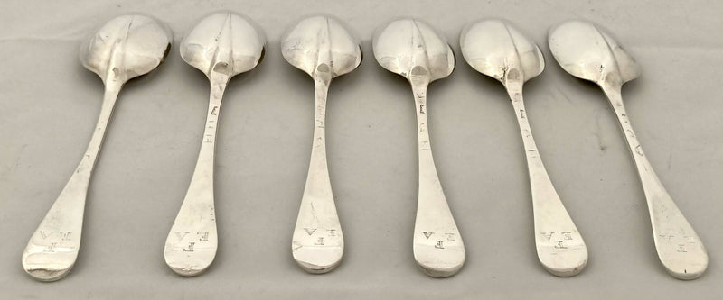 Georgian, George I, Six Silver Rat Tail Tablespoons. London 1727 Edward Hall. 10 troy ounces.