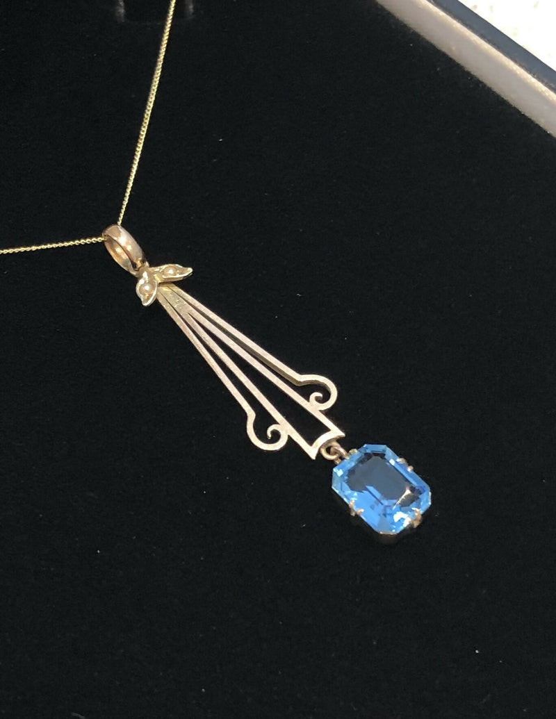 Art Deco Hallmarked 9ct Yellow Gold Blue Topaz & Seed Pearl Drop Pendant