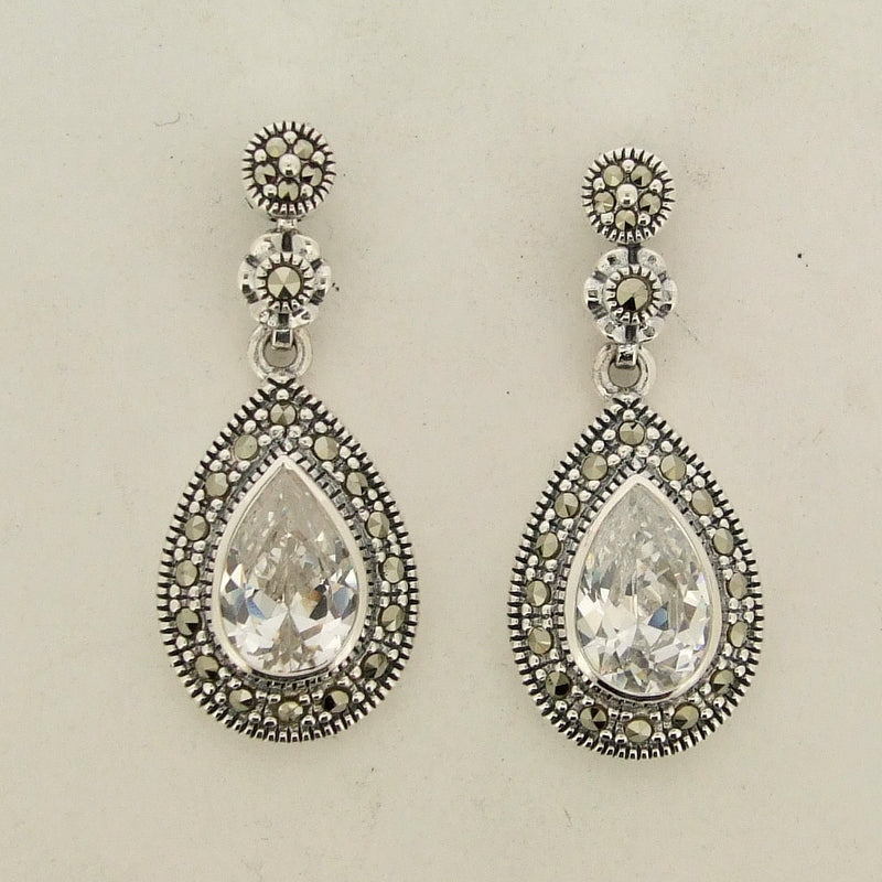 Silver Marcasite Cubic Zirconia Crystal Earrings