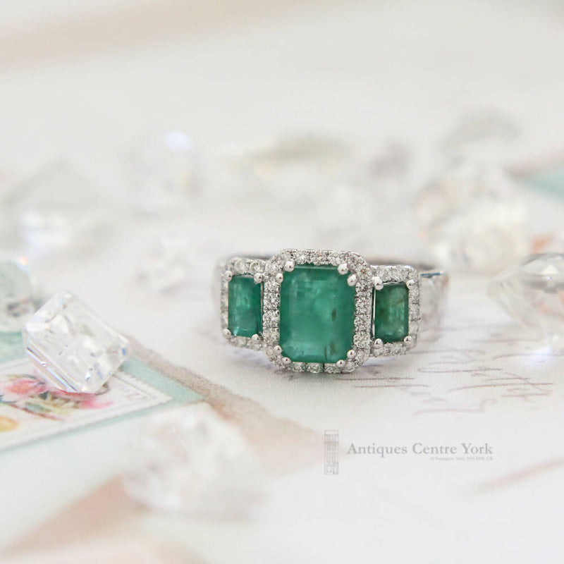 14ct White Gold Emerald & Diamond Triple Cluster Ring