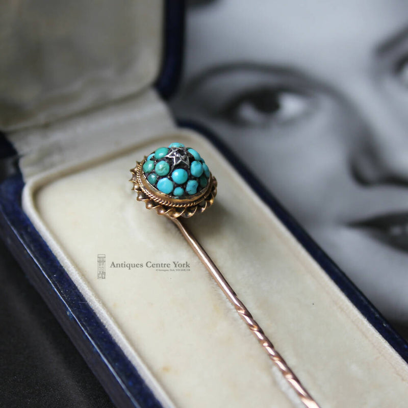 Victorian 9ct Turquoise & Diamond Cluster Stick Pin