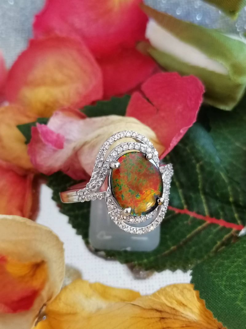 New AA Canadian Ammolite Natural Cambodian Zircon Ring in Platinum Overlay Sterling Silver - Size T