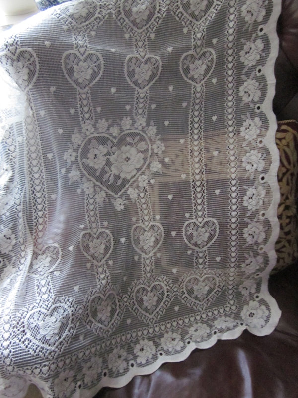 "Charming Hearts" A Vintage Ivory Cotton Lace Curtain Panel - 30 x 36 Inches- Ready-made