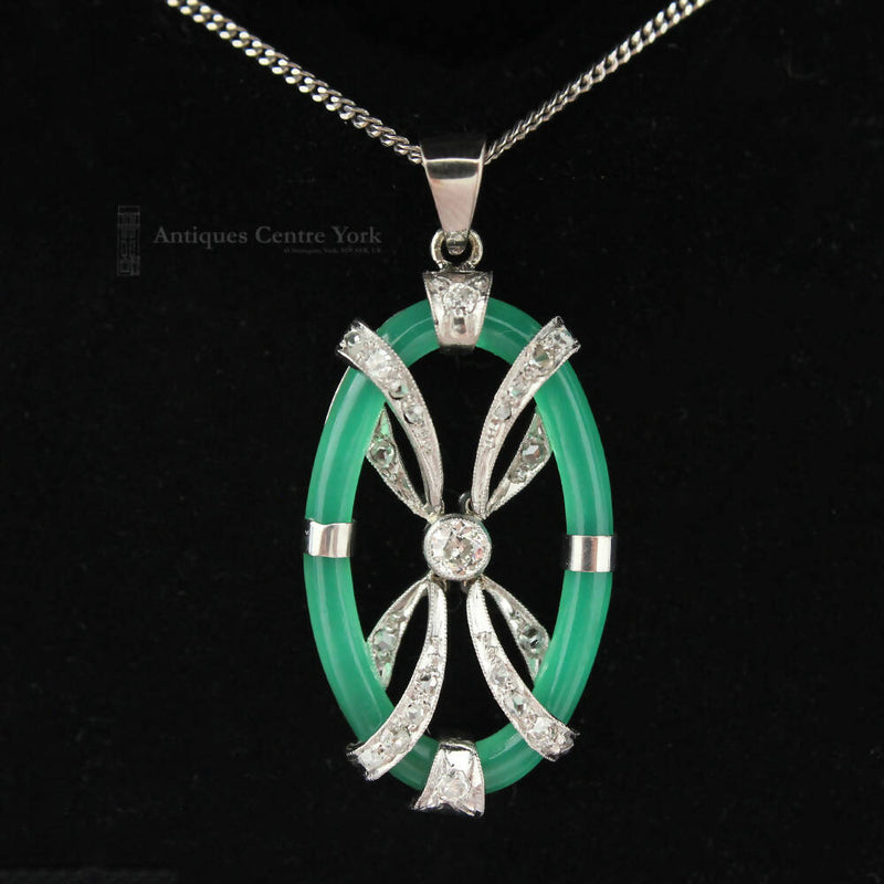 Art Deco Platinum Diamond & Green Chalcedony Pendant