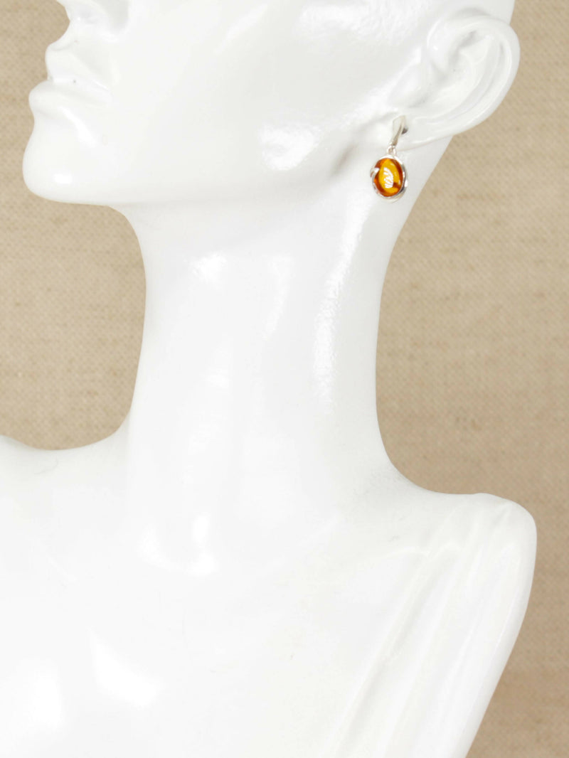 Silver & Oval Cabochon Amber Earrings