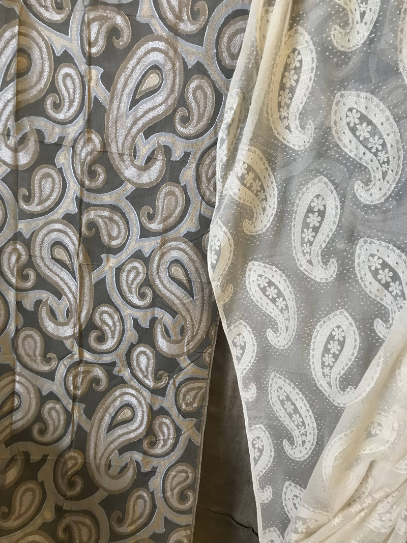 Silver and Gold Paisley on grey cotton madras lace top end designer Panel - 68”/100”to finish