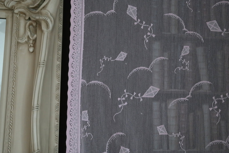 KITES - Vintage design Cotton Lace Curtain Panelling 50" sold per metre Pink