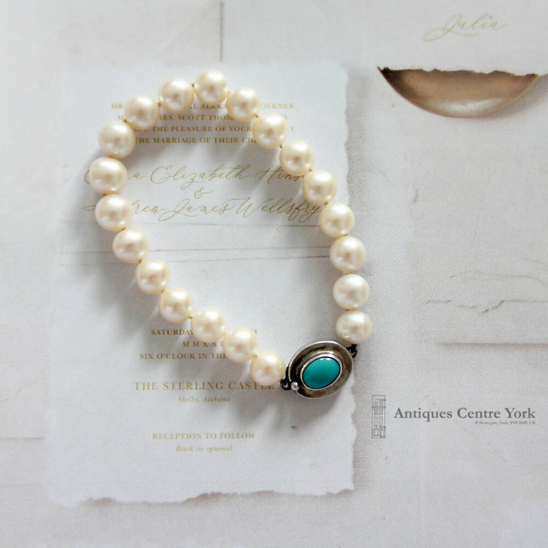 Freshwater Pearl Bracelet with Silver & Turquoise Clasp