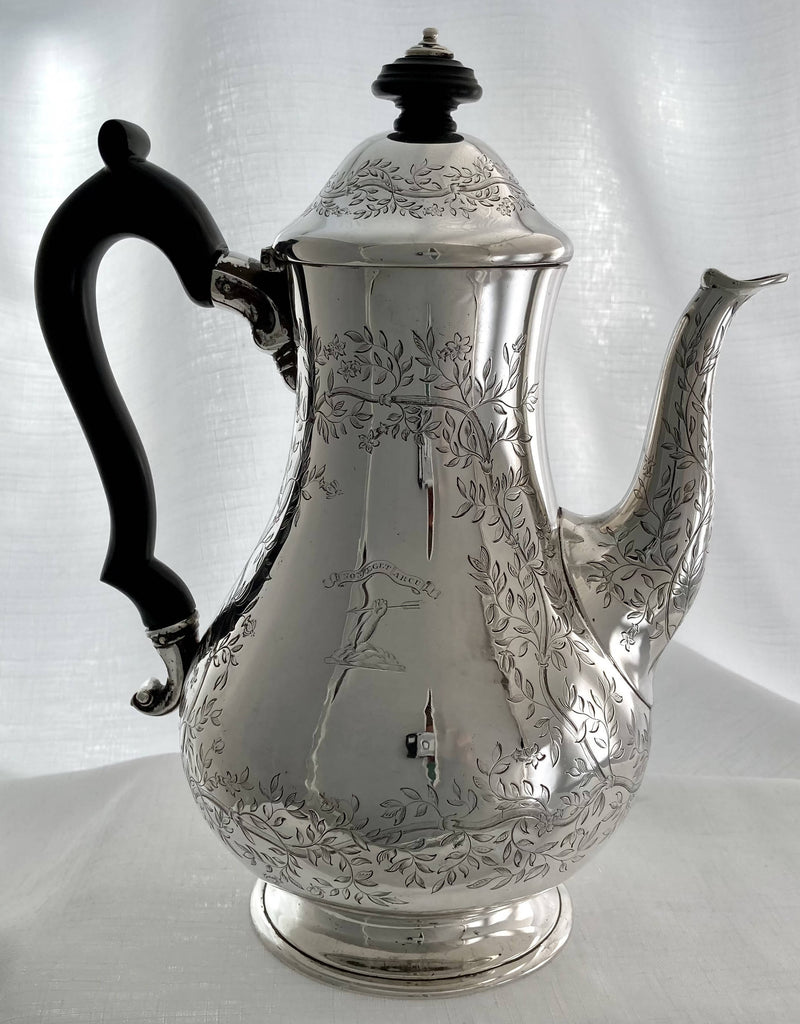 Victorian Silver Coffee Pot Crested for Elliot of Minto. London 1847 R & S Garrard & Co. 21.8 troy ounces.