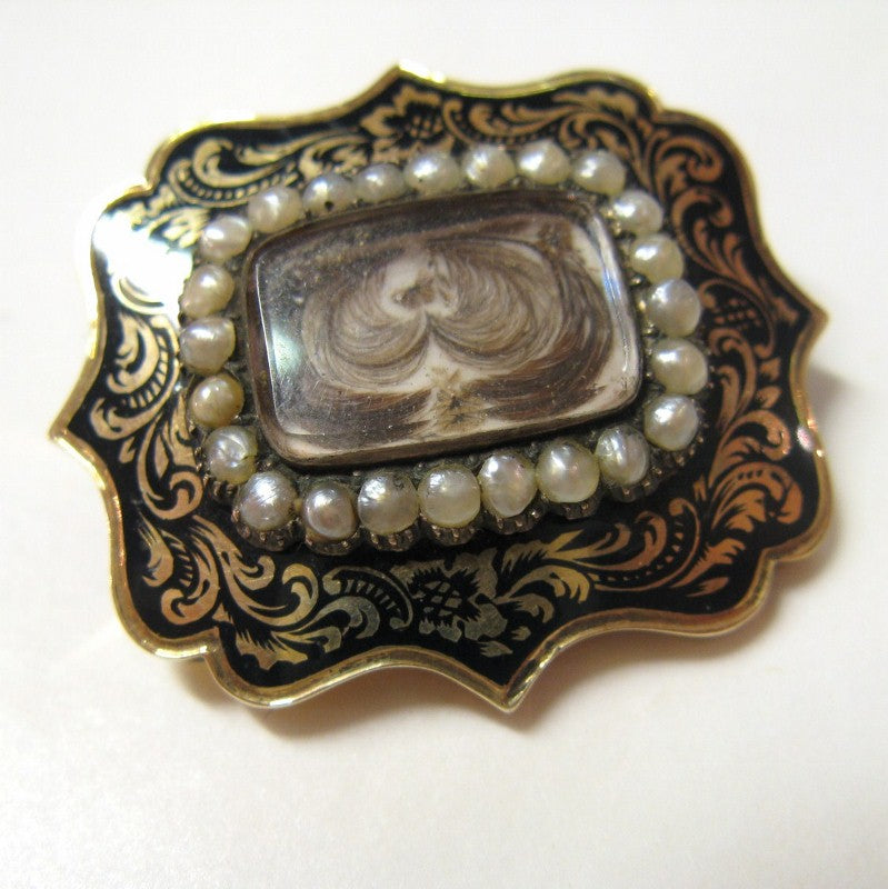 Victorian 15ct Gold Mourning Hair Brooch with Pearls and Enamel