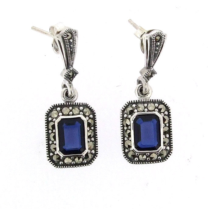 Silver Sapphire Blue Marcasite Earrings