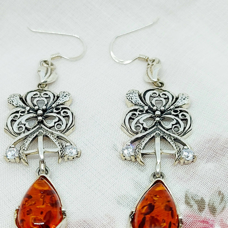 Pretty Silver, Amber & Faux Diamond Earrings