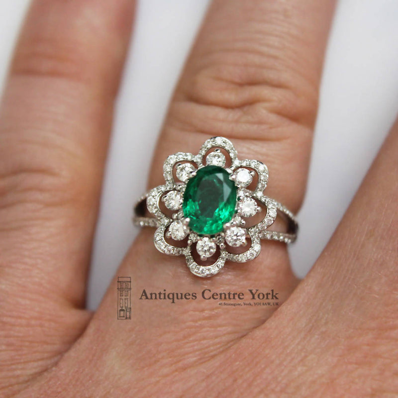 18ct White Gold Emerald & Diamond Fancy Cluster Ring