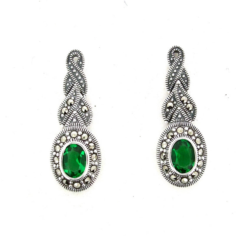 Silver Marcasite Emerald Green Earrings
