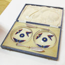 Art Deco Pair of Enameled Stuart Glass Butter Dishes With Silver Knifes